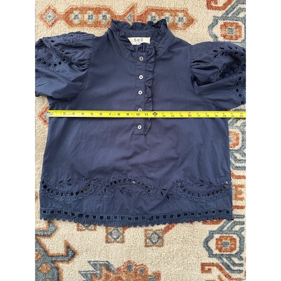 Sea New York Santos Eyelet Blouse Navy Blue Ruffle Puff Sleeve Cotton Top Small - Picture 5 of 8